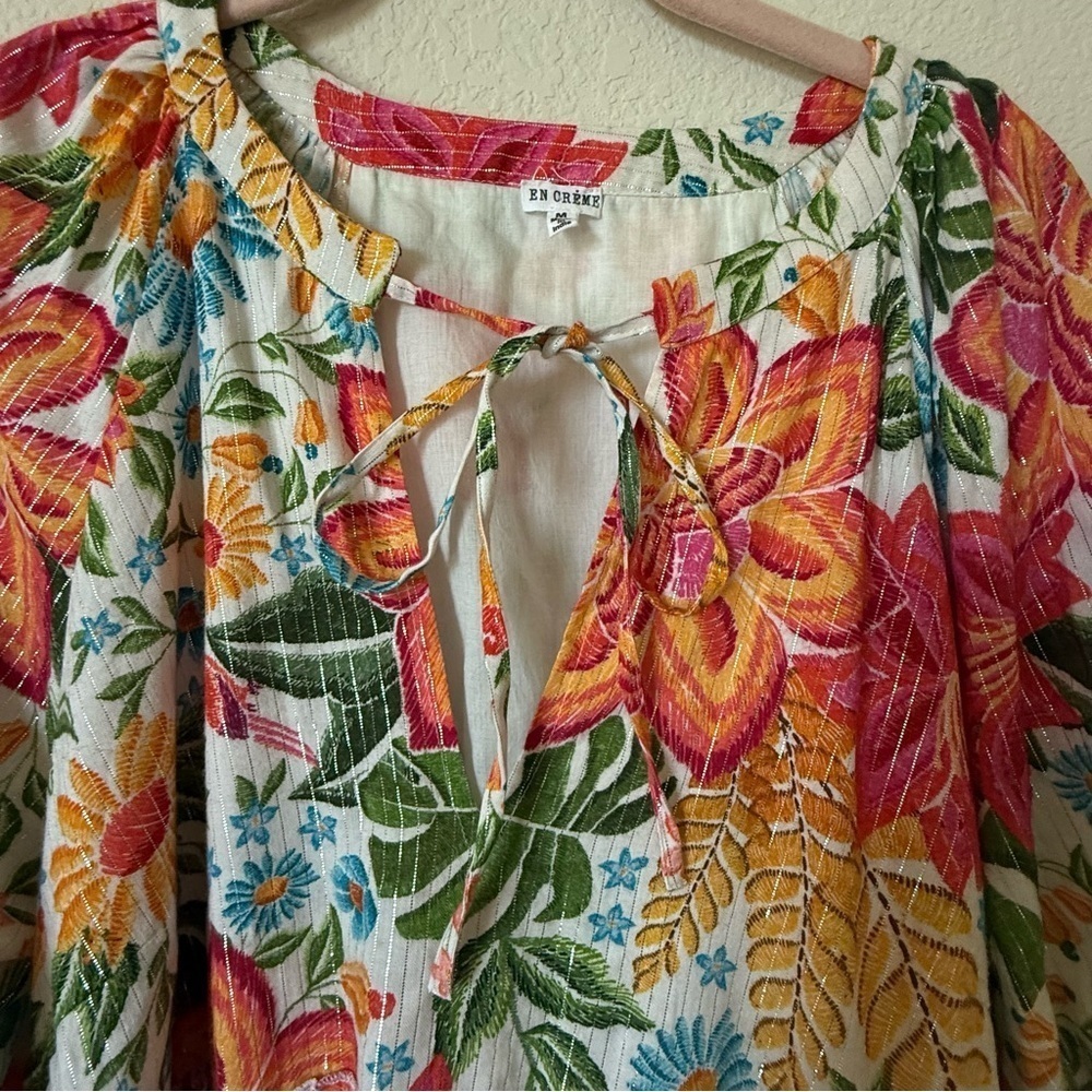 En Crème Floral Printed Puff Sleeve Tiered Mini Dress with Lurex Medium - Picture 8 of 15